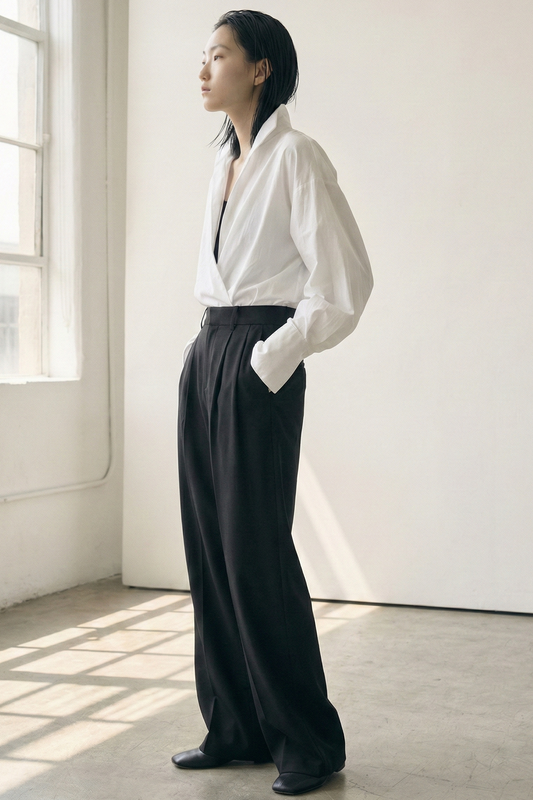 Sharp Edge • Oversized Stand-Collar V White Shirt