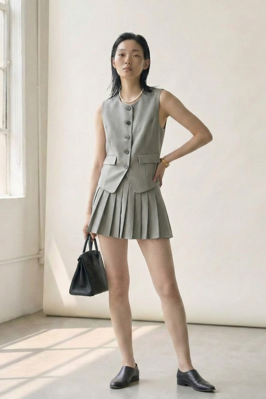 Grace Poise • French Chic Vest & Pleated Skirt Set