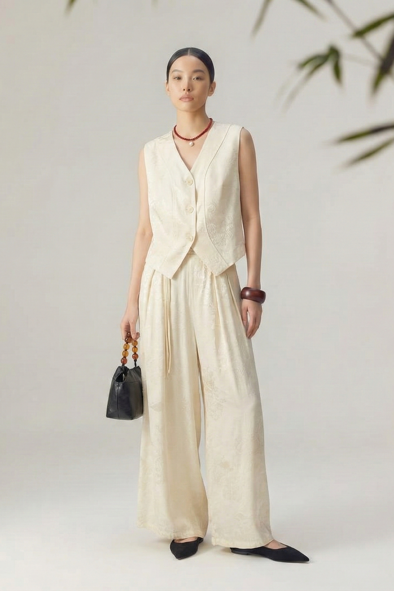 Quiet Jacquard • Neo-Chinese Vest & Wide-Leg Pants Set