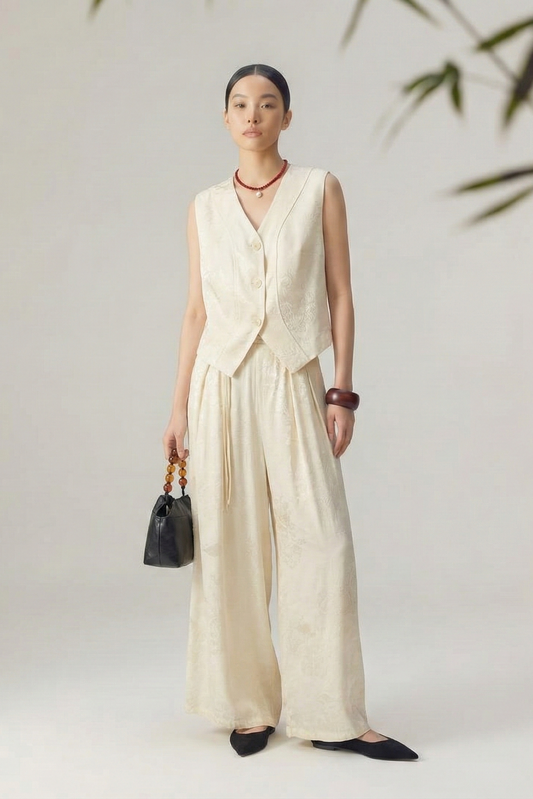 Quiet Jacquard • Neo-Chinese Vest & Wide-Leg Pants Set
