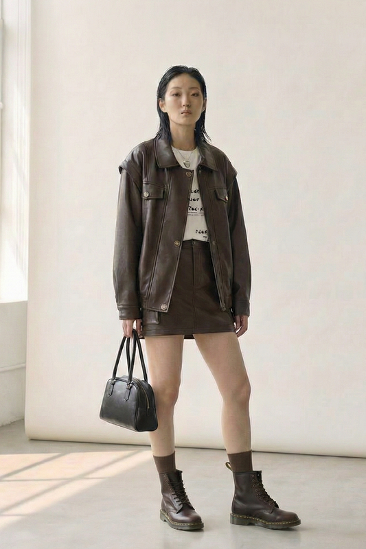 Quiet Utility • Faux Leather Jacket & Mini Skort Set • Jacket