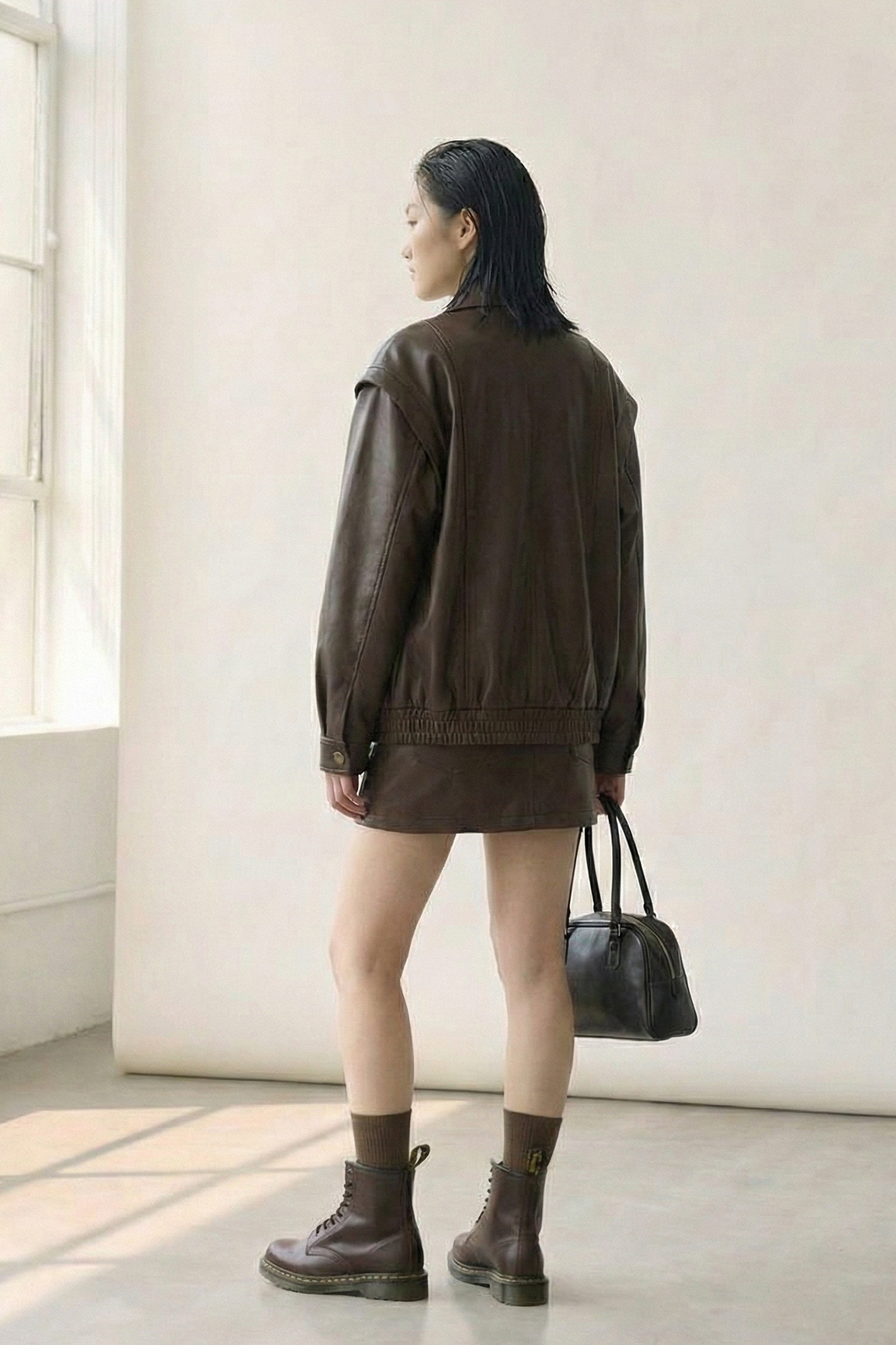 Quiet Utility • Faux Leather Jacket & Mini Skort Set • Skort