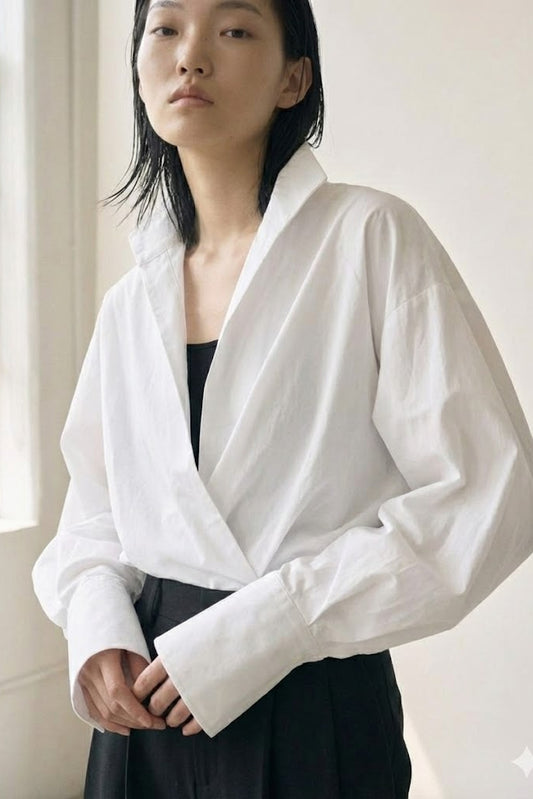 Sharp Edge • Oversized Stand-Collar V White Shirt